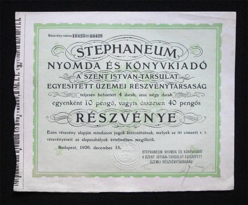Stephaneum Nyomda - Szent István Társulat 4x részvény 1926